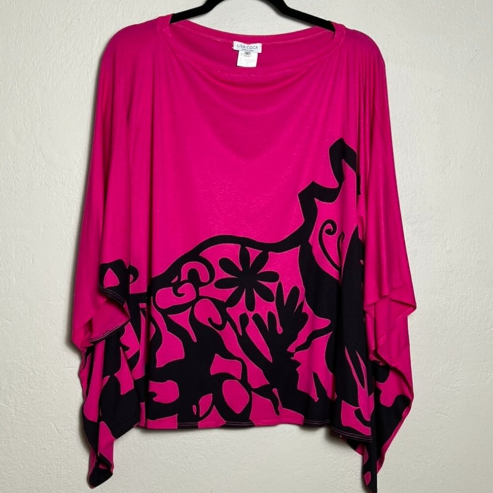 Lisa Coca Barcelona Fuchsia Black Flowy Top Large Boho Statement Batwing Blouse